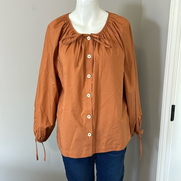 J Crew Tie sleeve button front cotton poplin top Orange Fall Relaxed Sz M NEW - Picture 2 of 13